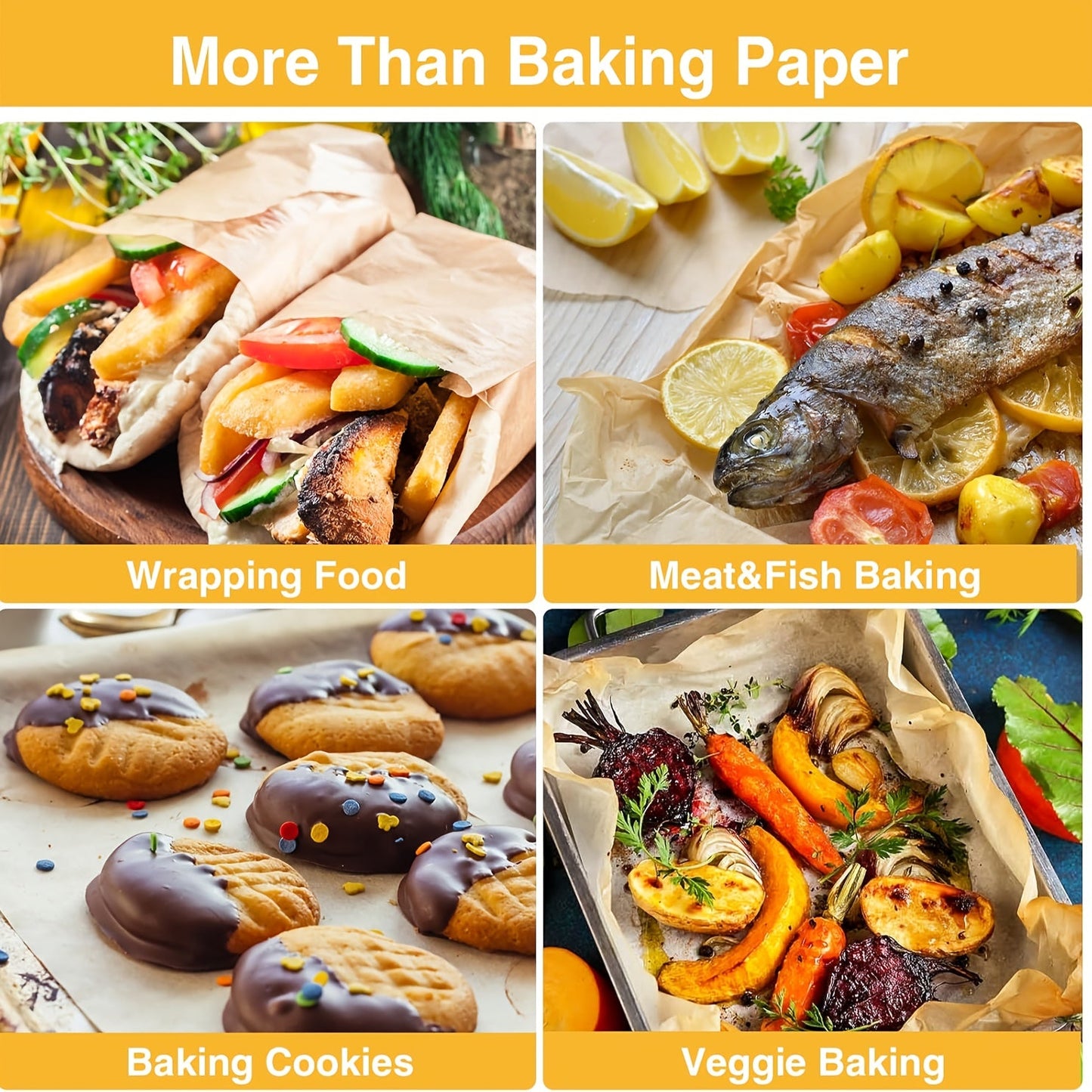 200 sheets of multifold parchment paper for baking, pre-cut to 40.64x60.96 cm, non-stick and oven-safe. Ideal for cooking, baking, air frying, steaming bread, cupcakes, and cookies.