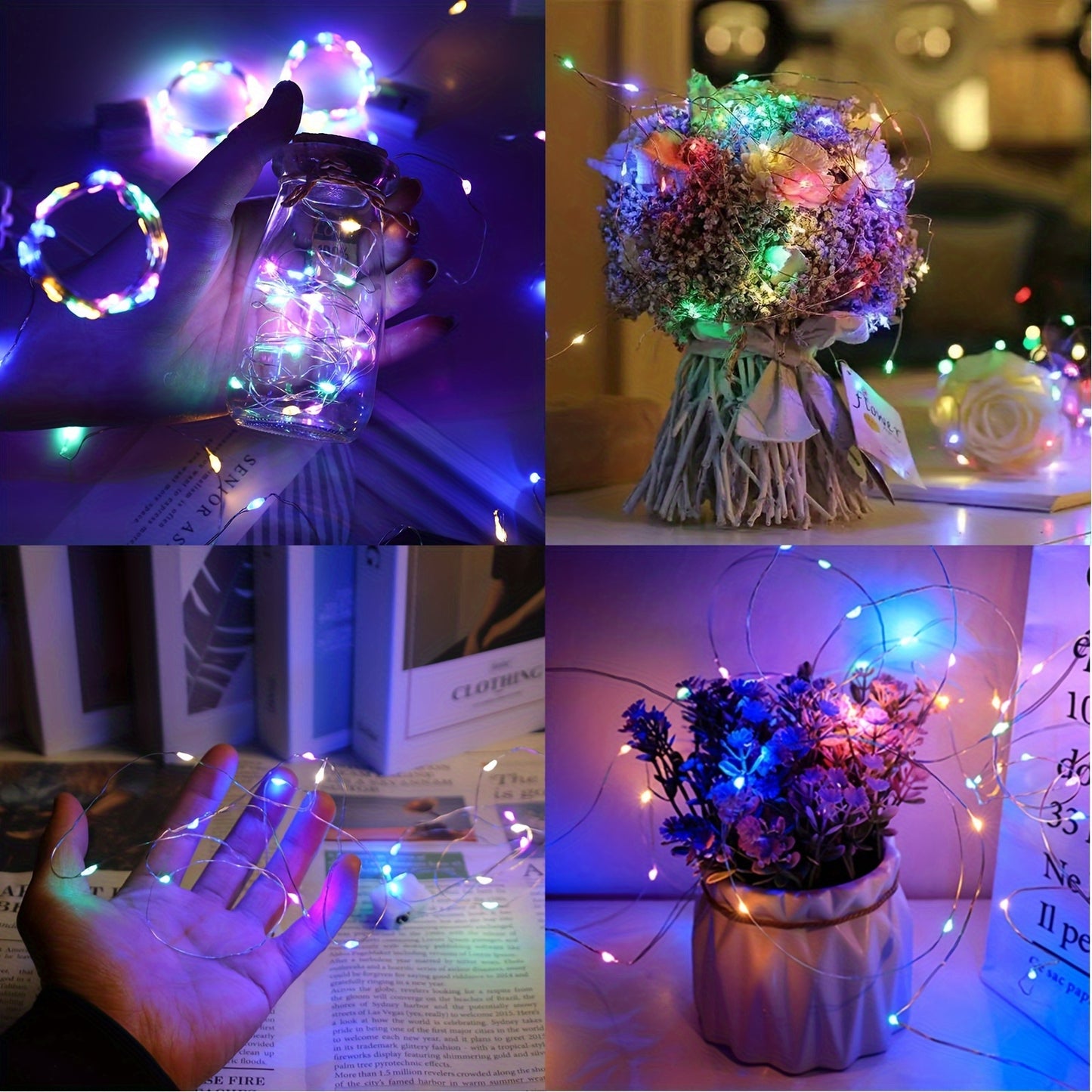 Battery operated LED string lights in a 10-pack, available in lengths of 99.06cm, 198.12cm, and 299.72cm with 10, 20, or 30 LEDs. Perfect for indoor decoration such as BOBO balloons, parties, weddings, and Christmas, these lights create a warm and