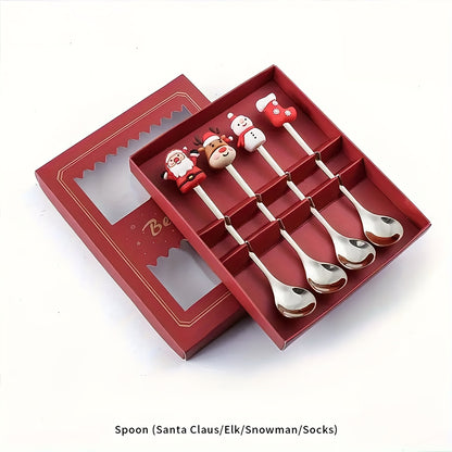 Christmas fork and spoon set, 4/6 pieces stainless steel tableware for Christmas party decoration. Gift set includes coffee, tea, and dessert forks and spoons.