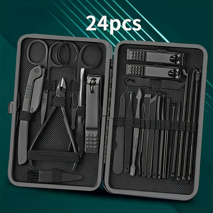 Nail clippers and grooming tools set with 8/15/24pcs, including portable travel case, clippers, scissors, foot nail trimming kit, and travel grooming tools.