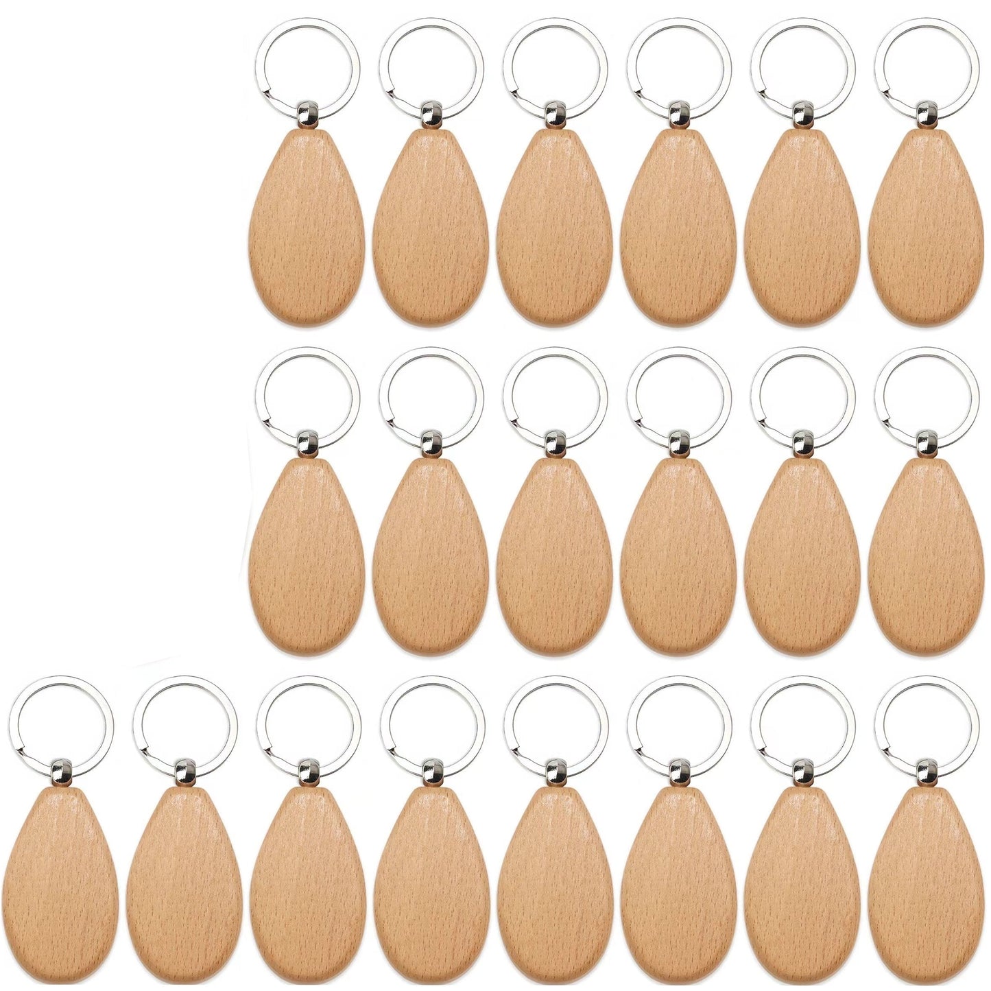 Twenty pieces of wooden key chain blanks, rectangular in shape, suitable for key chains. These wood blanks can be engraved and used for making jewelry and other craft projects.