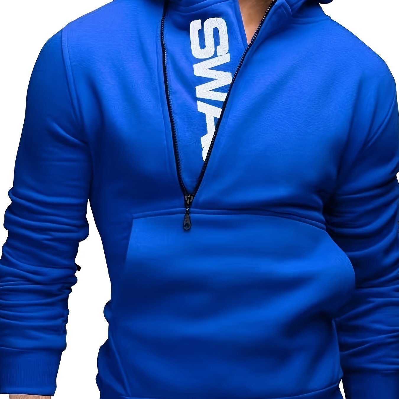 Men's long sleeve letter print hoodies with kangaroo pocket, zipper, and sloped collar. Suitable for outdoor sports in autumn and winter, fashionable and versatile.