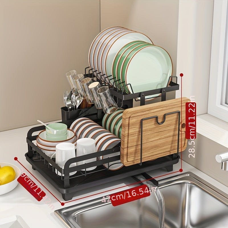 Kitchen Countertop Dish Drying Rack with Double Layers and Large Capacity, Steel Drainboard Dish Drainer with Utensil Holder, Suitable for Dishes, Knives, Cups, and Cutting Boards, Dimensions 41.4 x 28.96 x 27.43cm, Essential Kitchen Supplies