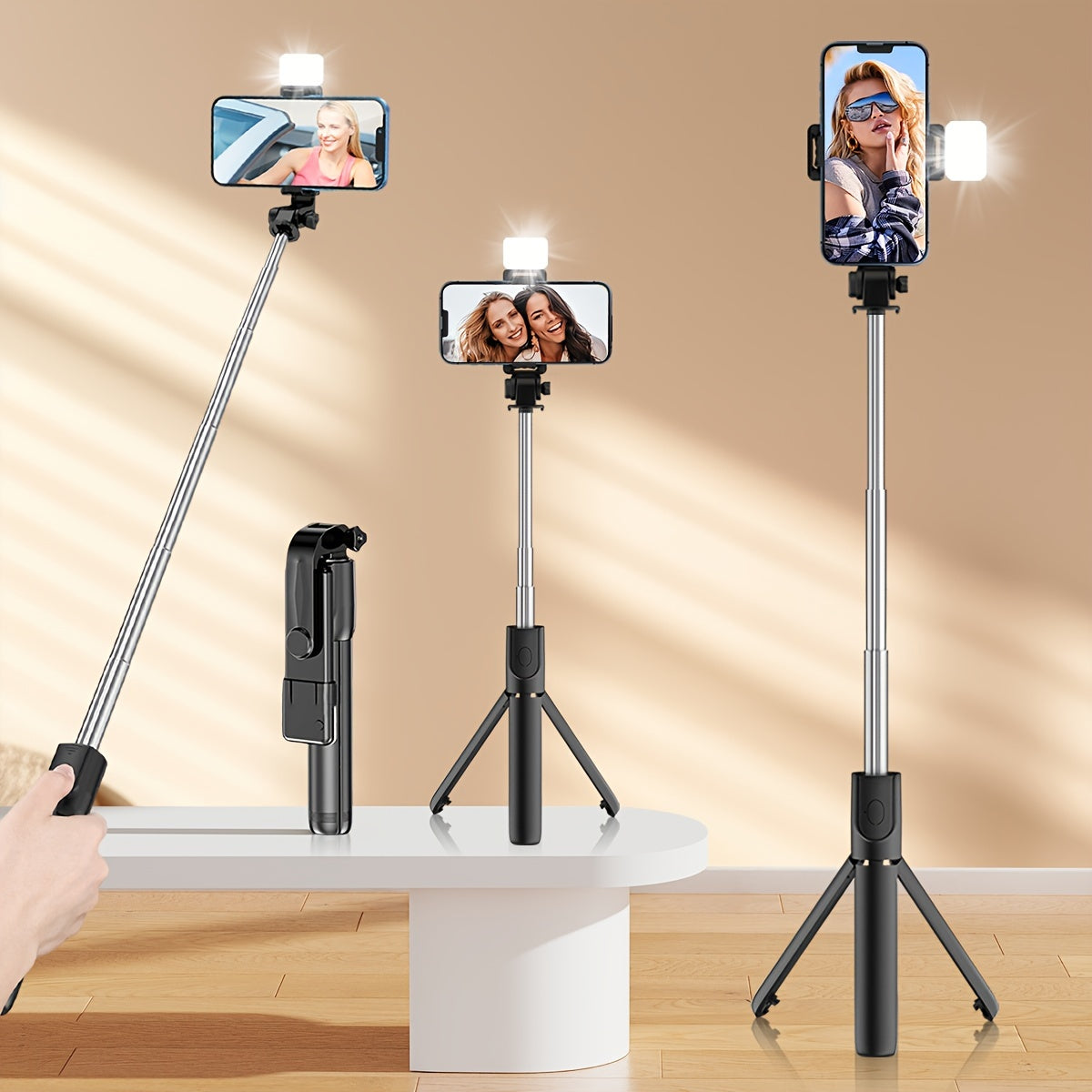 Universal selfie stick with tripod, wireless remote, ring light, built-in battery for live streaming and recording videos.