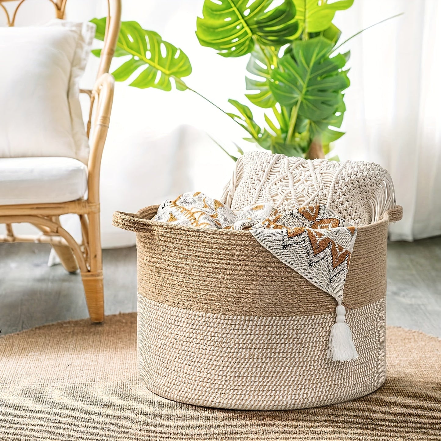 Large XXXLarge Rope Woven Basket, Measures 50.8cm x 50.8cm x 34.04cm. Ideal for Laundry, Blanket Storage in Living Room & Bedroom. Features Toy Organizer Basket with Handle. Perfect for Storing Comforter Cushions, Laundry Hamper Storage, and Home