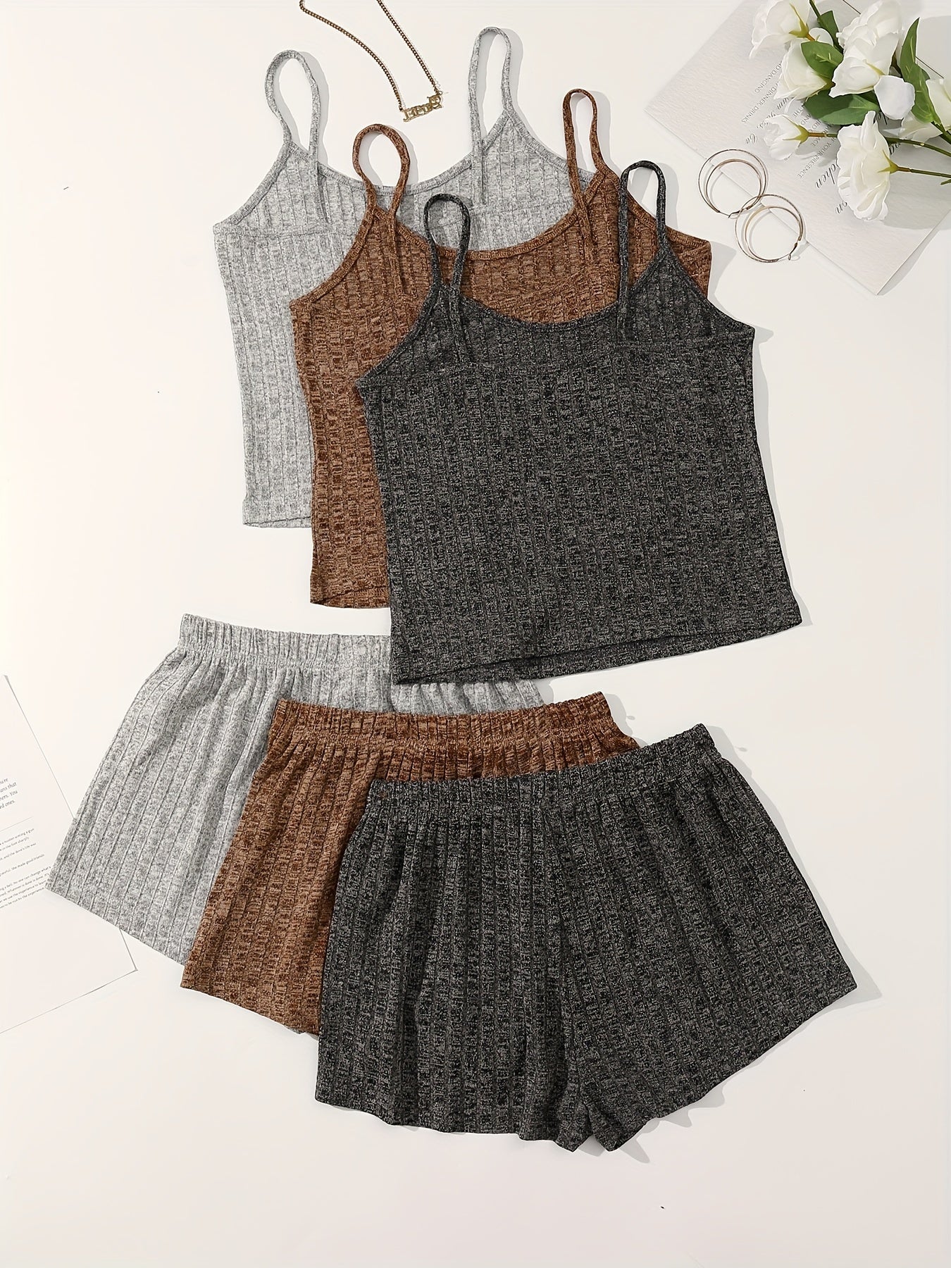 3-piece ribbed lounge set for women featuring a casual backless cami top and drawstring shorts.