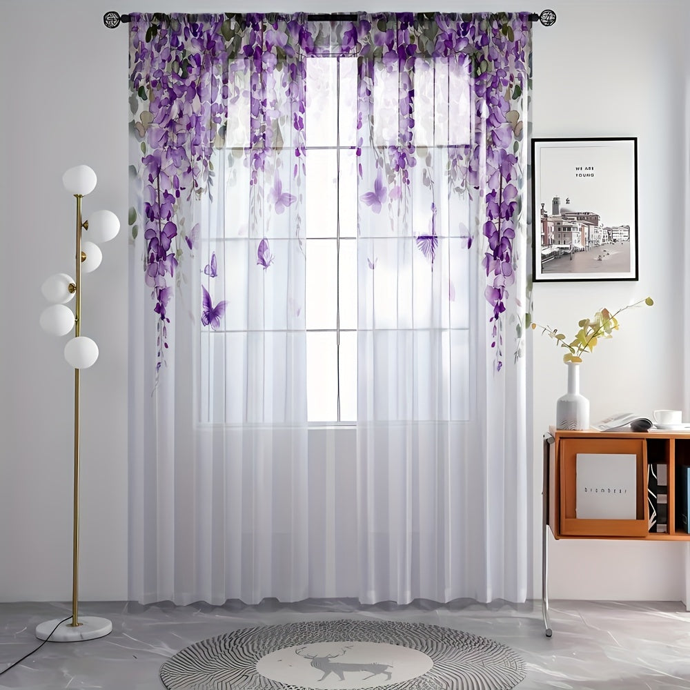 Set of 2 Beautiful Wisteria Floral Print Sheer Curtains - High Definition Digital Design, Luxurious Polyester Microfiber Material, Convenient Rod Pocket Style for Living Room & Bedroom, Simple to Hang and Machine Washable