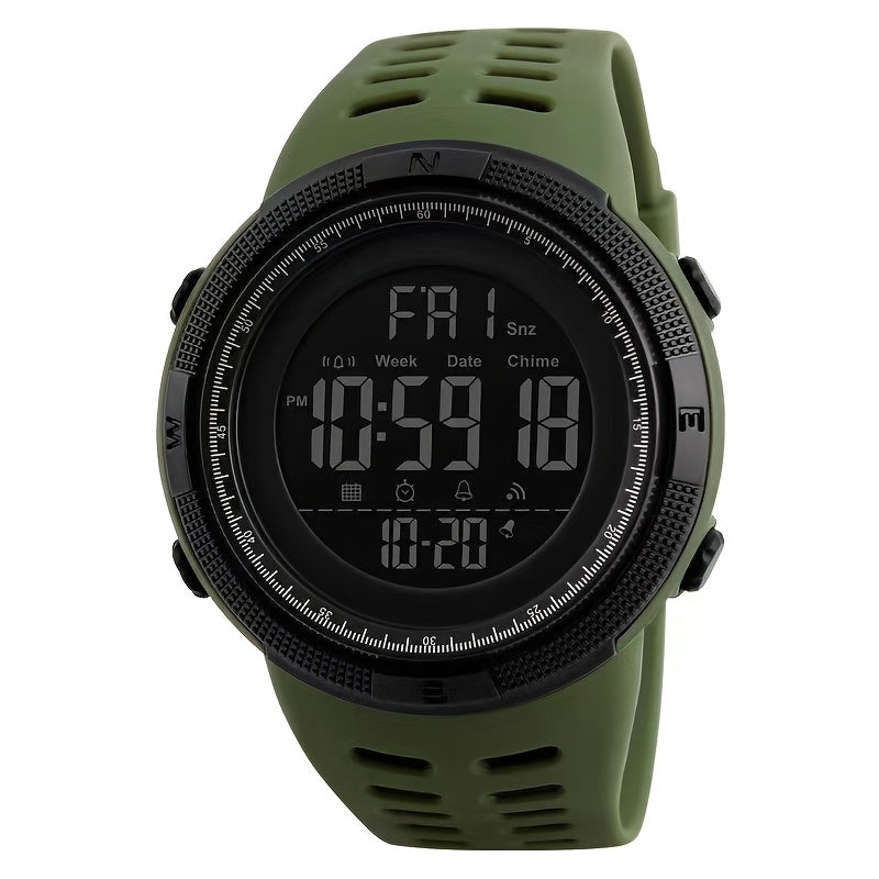 Unisex sports digital watch with large backlit display, silicone strap, date and week display, multi-function electronic movement, battery powered, plastic case - perfect birthday gift.