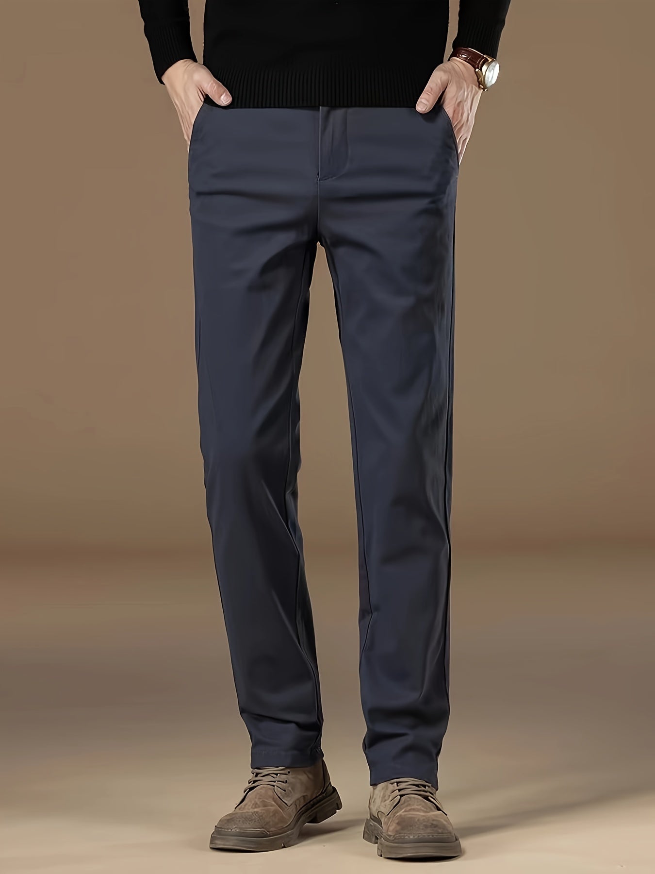 Men's business casual cotton blend pants with a regular fit, straight leg, solid color, no belt, ideal for spring/autumn. Features pocket detail, button closure, mid-waist, and woven fabric.