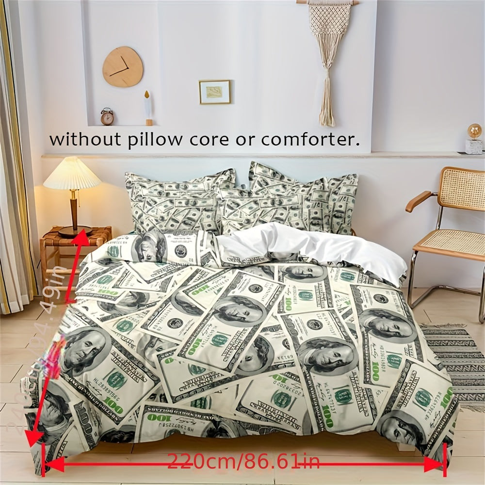 $100 print bilan Duvet qopqog'i to'plami, yotoqxona yoki mehmon xona uchun uch qismli to'plam. Yumshoq va qulay duvet qopqog'i va 2 ta yostiq qopqog'ini o'z ichiga oladi. Duvet yadrosi kirmaydi.