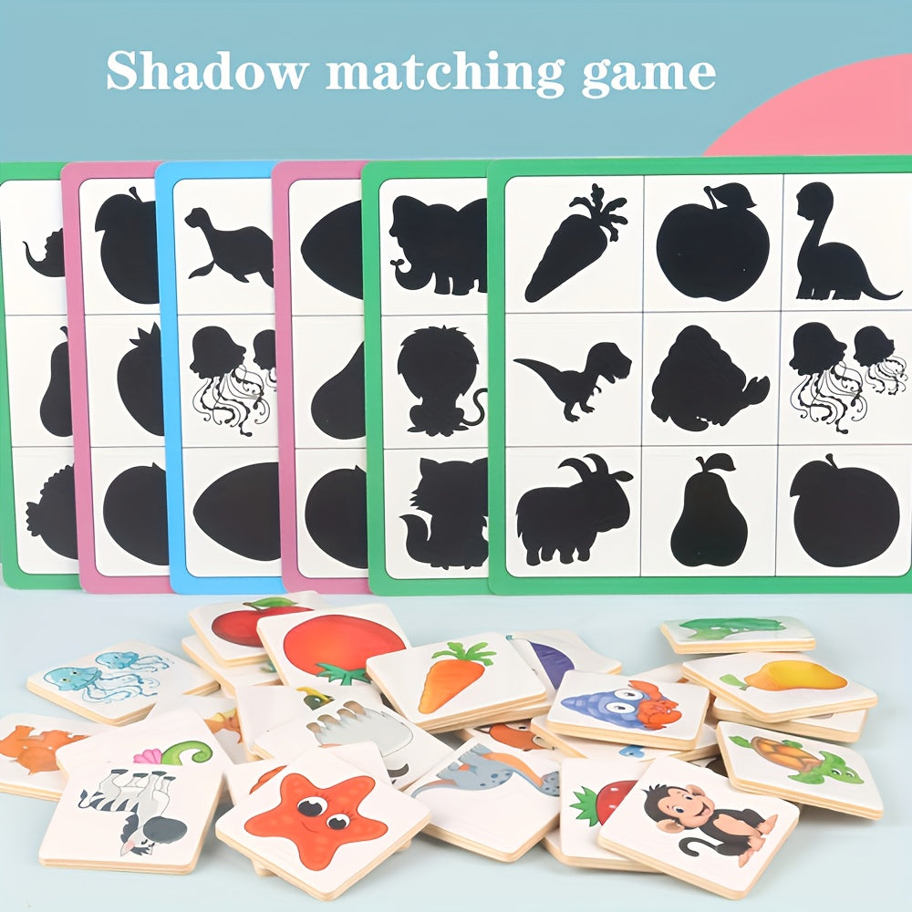 Wooden brain teaser puzzle for kids, helps with shape recognition and cognitive development through fun animal and fruit shadow matching game.