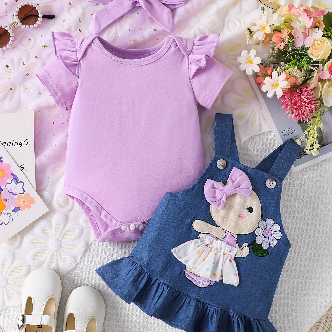 Adorable baby girl dress set with bear and sunflower pattern, perfect for newborns. Includes regular bodysuit and skirt, ideal for outdoor wear.