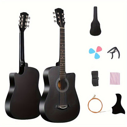 Beginner kit for a 96.52 cm acoustic guitar, featuring a basswood panel with matte finish, 18 frets, and includes bag, picks, strings, and strap.