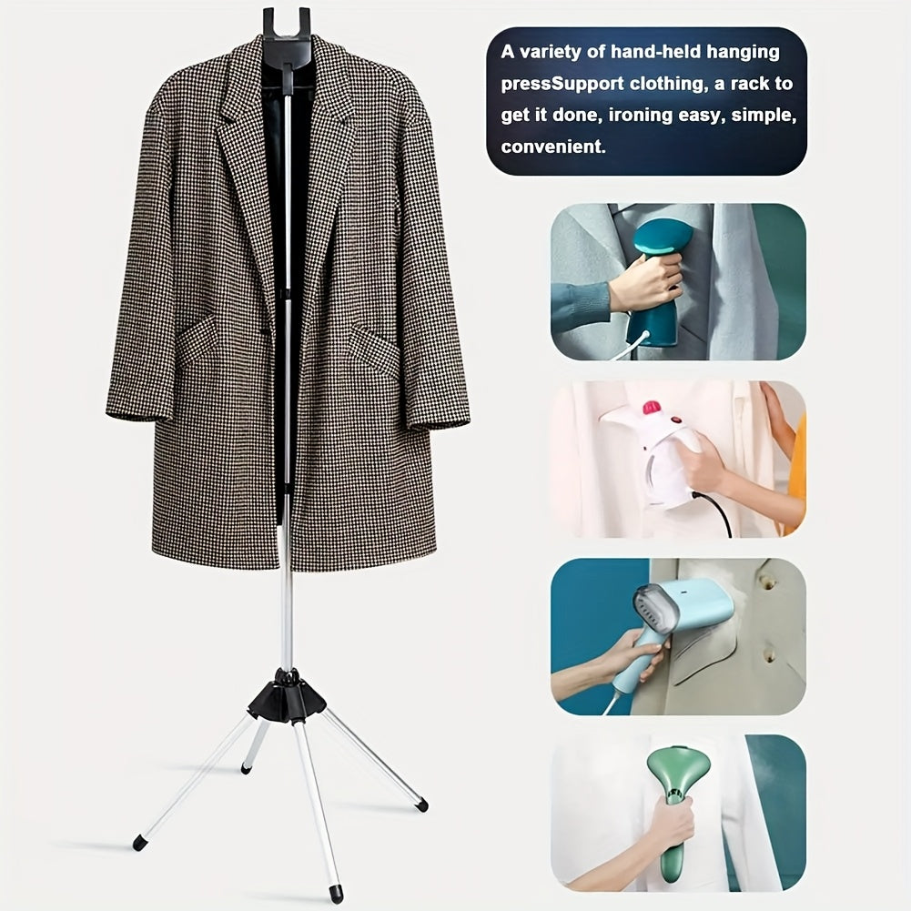 Portable adjustable height clothes steamer stand with foldable independent support rack made of plastic material. Space-saving design for convenient ironing and storage.