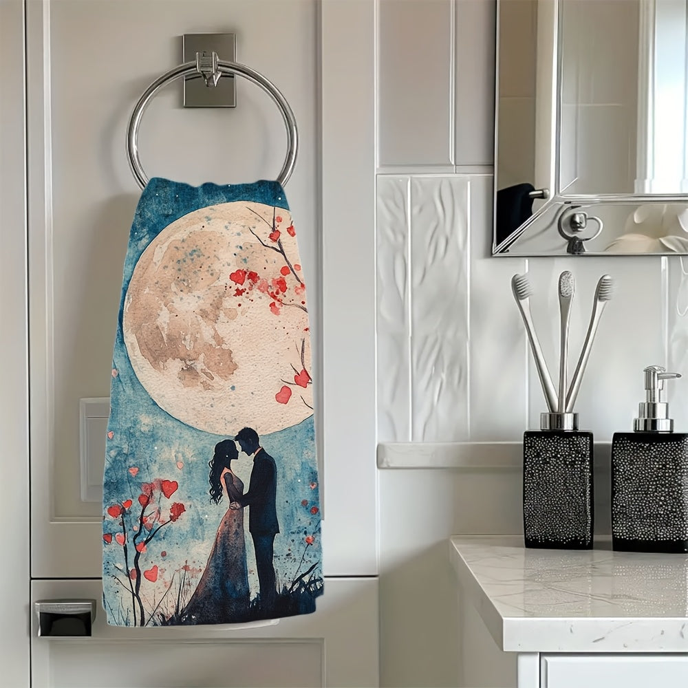 Set of 2 Romantic Moonlit Lovers Kitchen Towels - Made from Ultra Soft, Highly Absorbent Polyester Material, measuring 40.64x60.96 cm - Easy to Clean in Washing Machine, featuring Watercolor Style with Cherry Blossoms & Full Moon Design, Perfect for