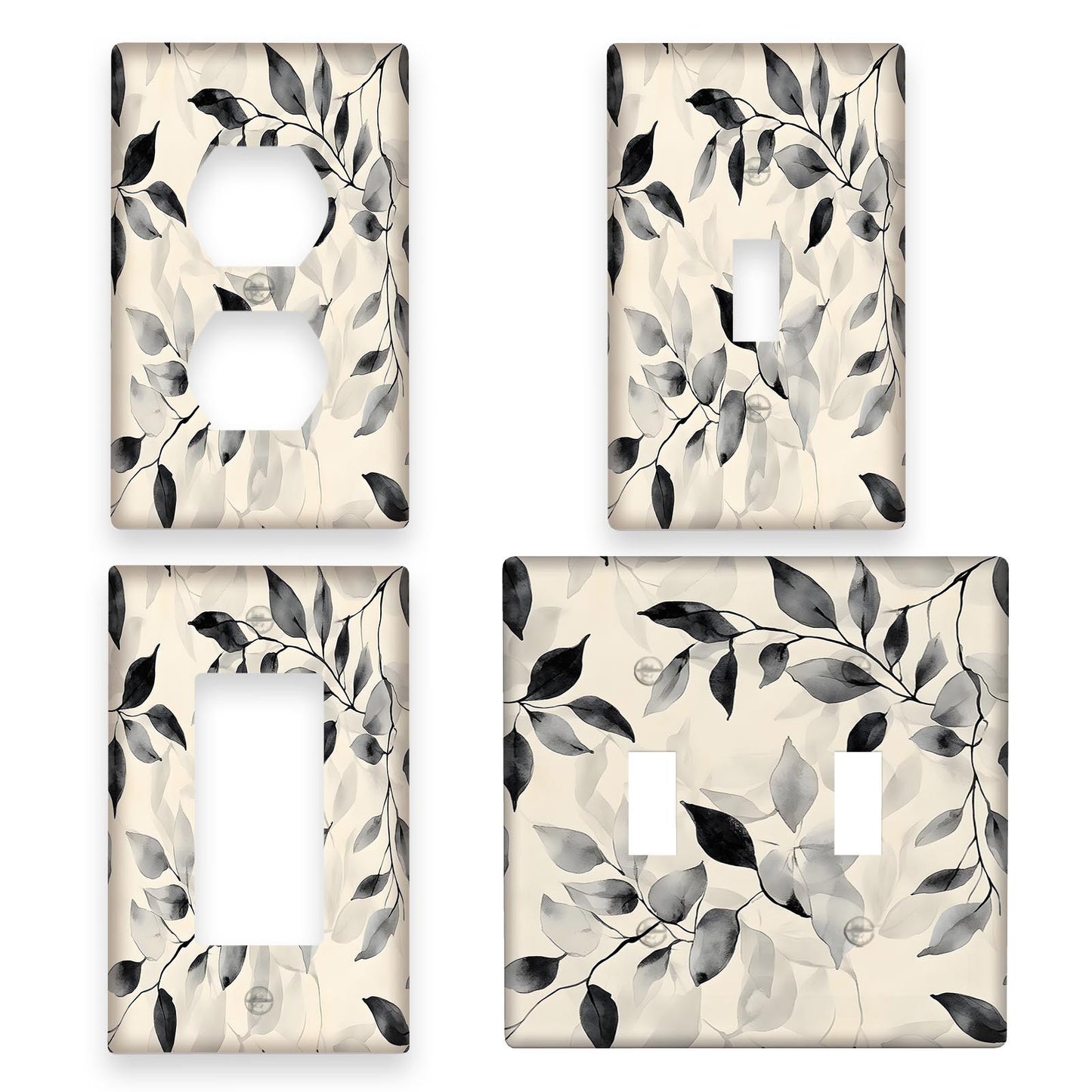 Black and white abstract leaf pattern light switch cover for farmhouse or country bedroom decor. Easy installation for a stylish touch to your walls.