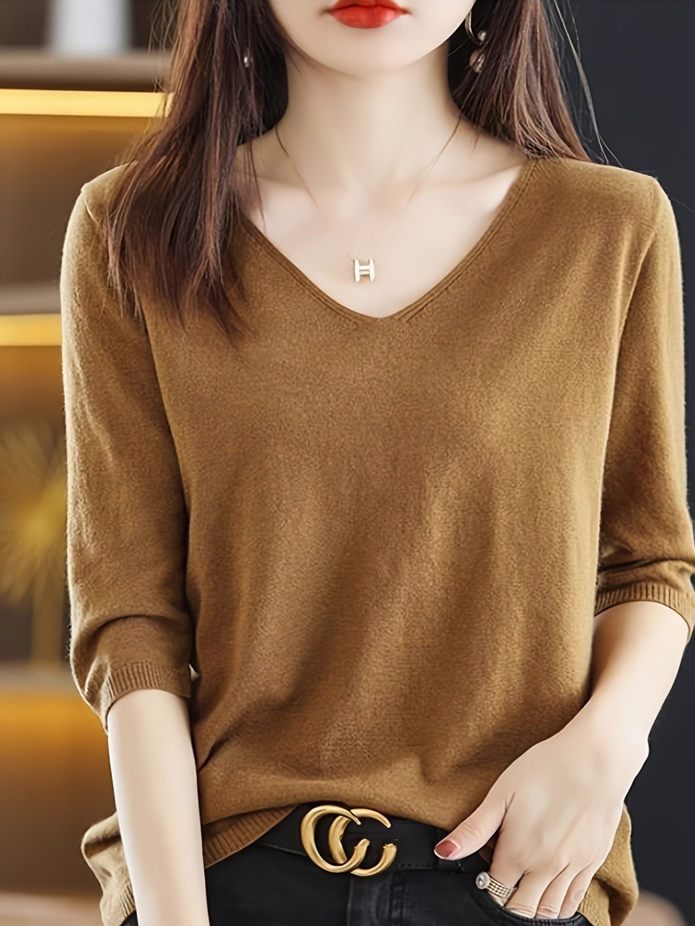 V-neck sweater in solid color, versatile half sleeve knit top for spring/fall, women's clothing.