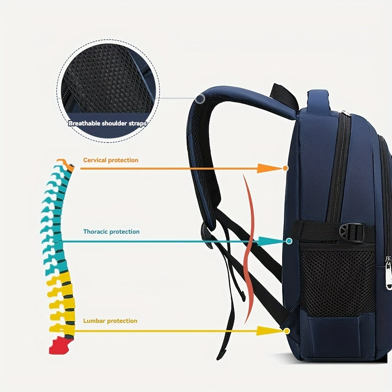 Large capacity multi-layer backpack with side pocket for bottle or umbrella, suitable for students' daily commute, library visits, and outdoor activities.