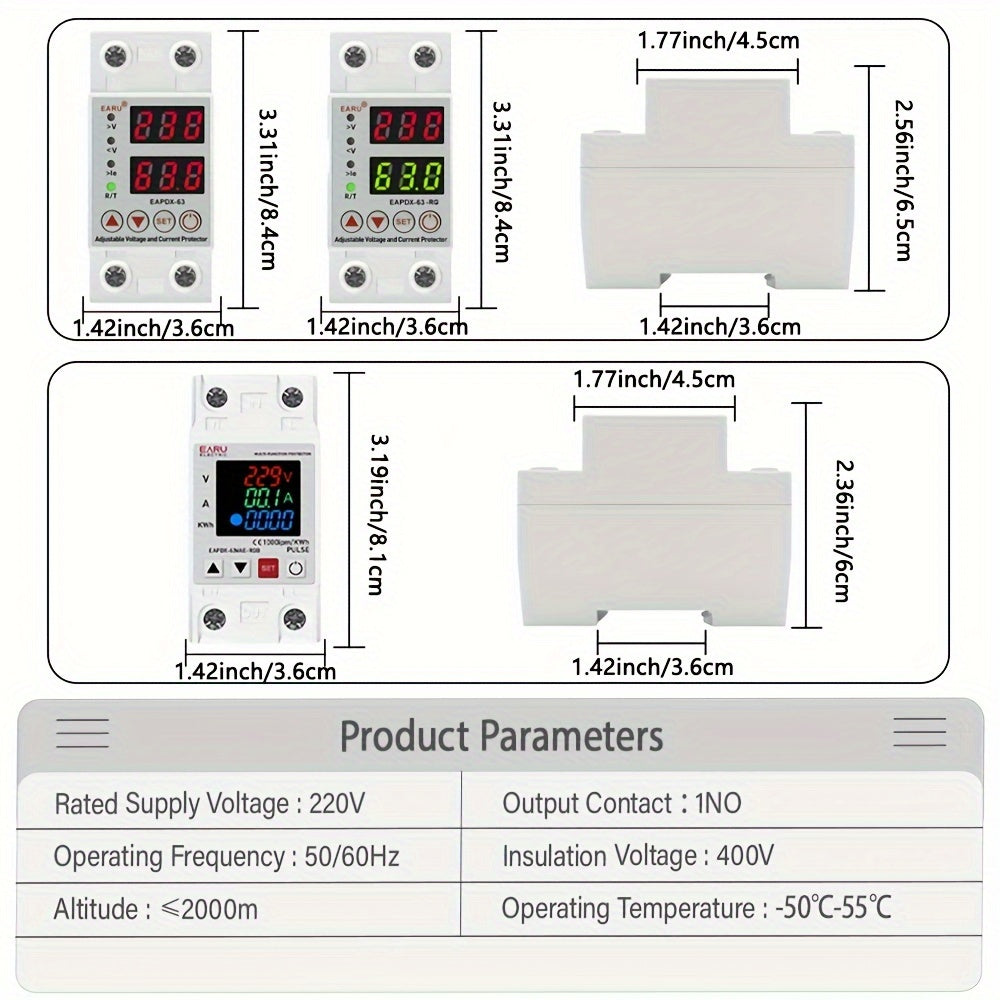 1pc 40A/63A 230V Din Rail adjustable over/under voltage protector relay with hardwired power mode, operating voltage of 85V-265V, no battery needed, adjustable power supply voltage.