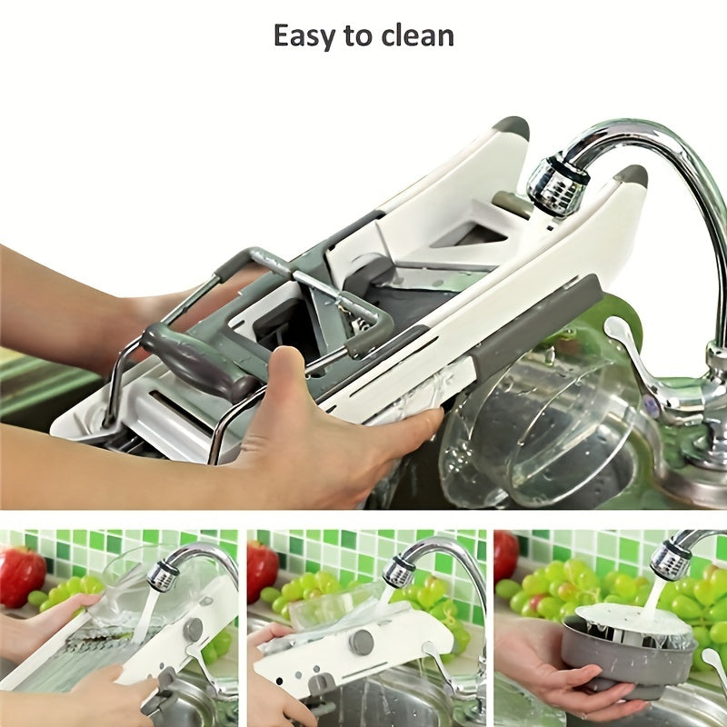 Professional grade stainless steel mandoline slicer capable of adjusting to 18 different sizes, perfect for slicing vegetables such as onions and potatoes. Safe and easy to use, this kitchen accessory is a must-have for any cook.