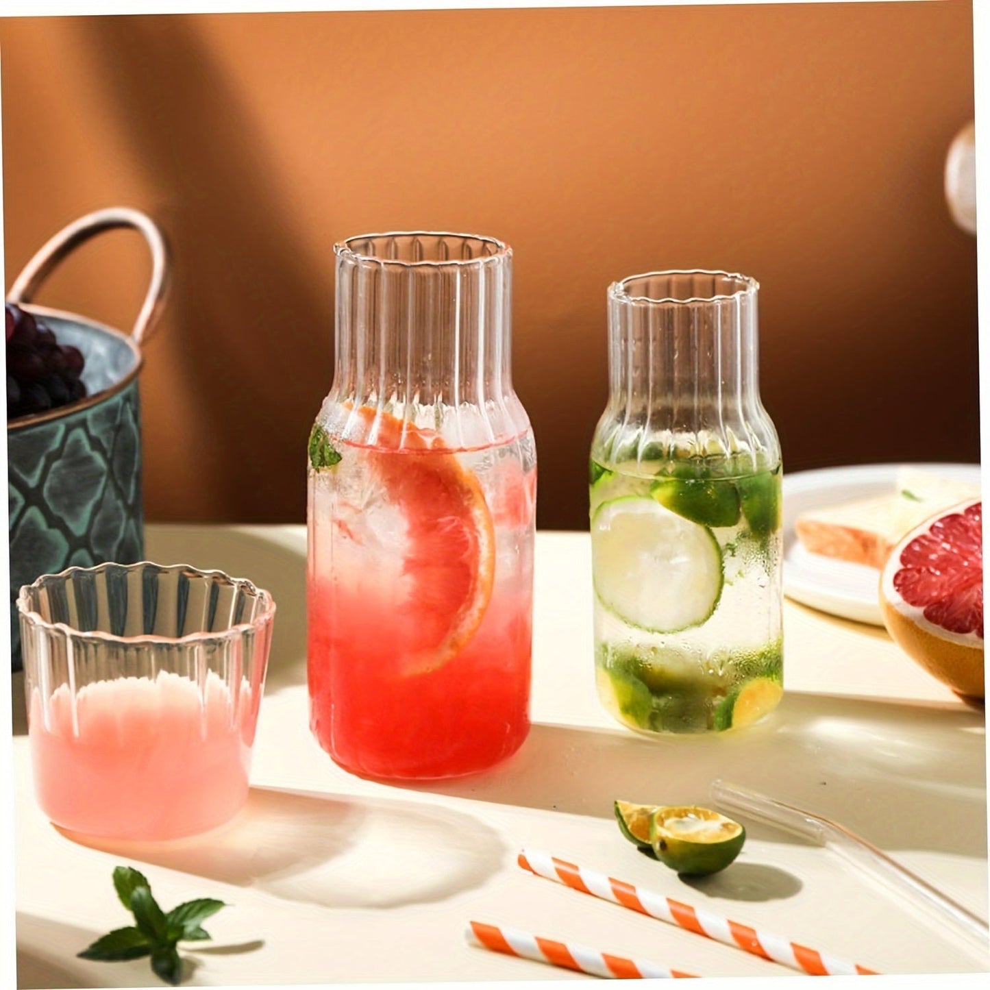 Elegant Glass Drinkware Set: Includes Transparent Water Bottle, Juice Pitcher, and Glass Straws - Perfect for Lemonade, Tea, Milk, and More! Great for Home, Office, School, Dorms, and Camping.