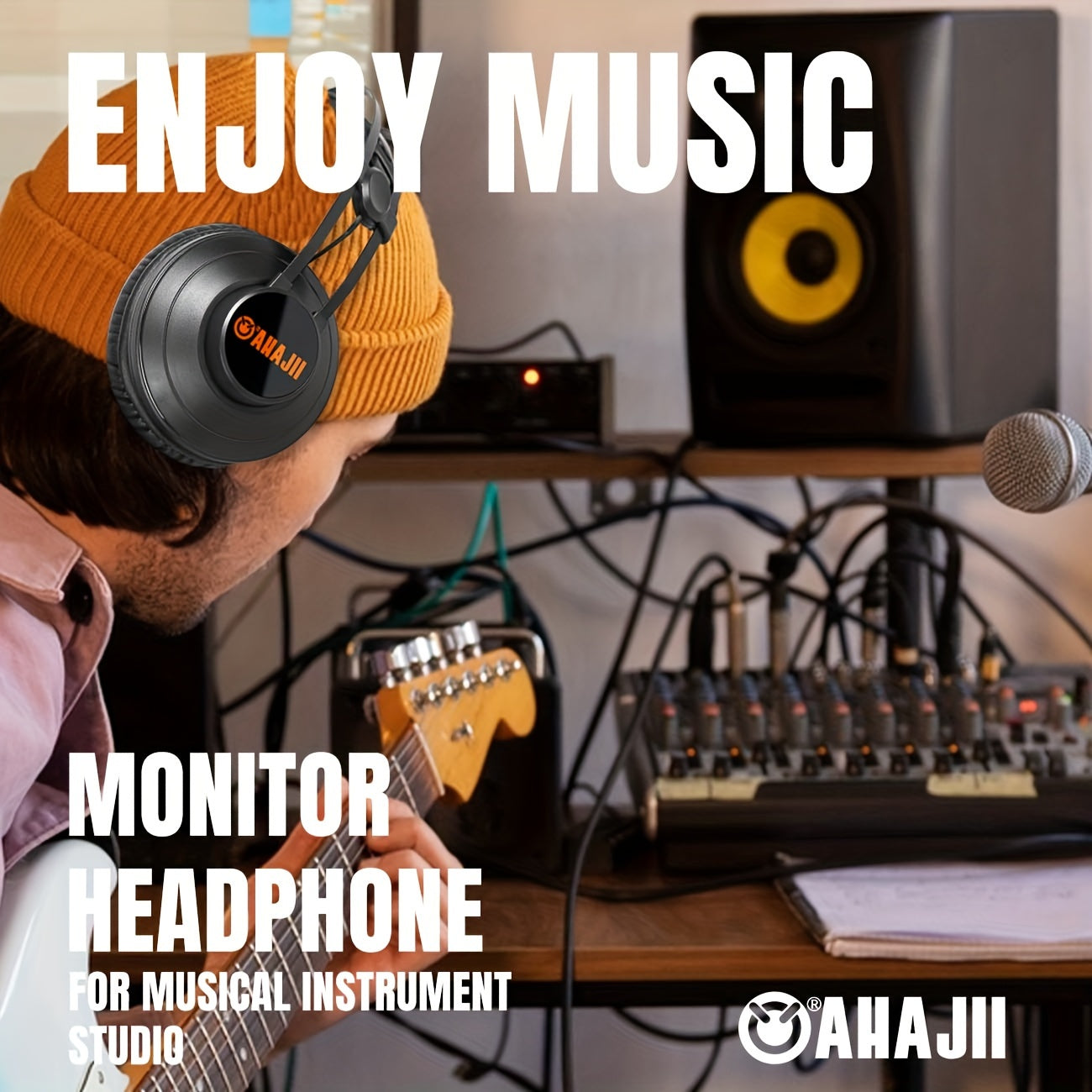 AHAJII AH02 Wired Studio Monitor Headphones with noise cancelling, hi-fi sound, detachable design, and cables. Suitable for recording, guitar, mixer, podcast, DJ, keyboard practice.