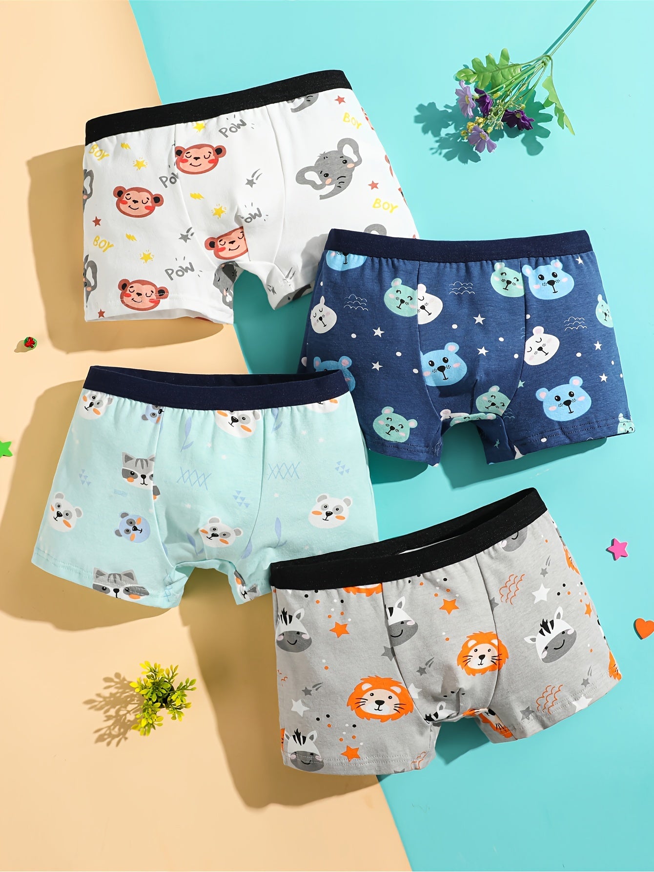 4 soft cotton boxer briefs for boys with cute animal print - comfortable and breathable underwear for kids