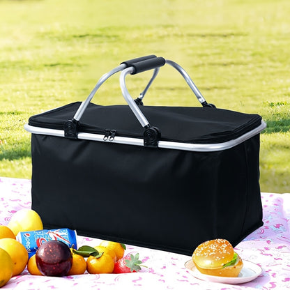 Foldable insulated picnic bag with handle for outdoor travel, in black nylon.