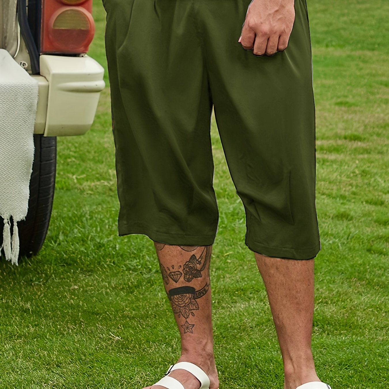 Breathable loose-fit solid capri pants for plus-size men, perfect for summer.