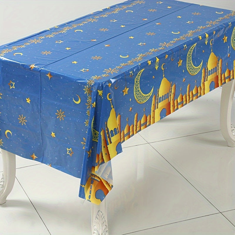 Eid Mubarak plastic table cover for Ramadan parties, 220x130cm, machine-made weave, perfect for Eid Al-Fitr celebrations.