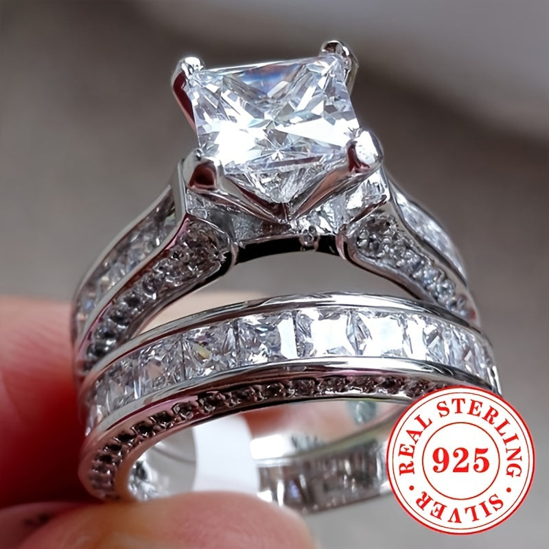 Stunning 925 Sterling Silver Bridal Ring Sets for Women - Two Pieces, 9.7g Total Weight, Featuring Square-Cut Synthetic Cubic Zirconia Stones in a 4-Prong Solitaire Design. Perfect for Engagement and Wedding, This Elegant Jewelry Set is Ideal for