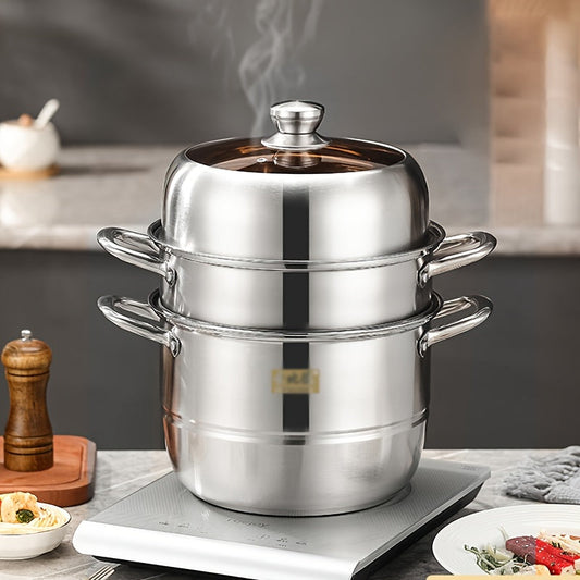 High-Quality Stainless Steel Multi-Layer Steamer with Generous Capacity and Transparent Lid - Ideal for Autumn Cooking and Dining Experience