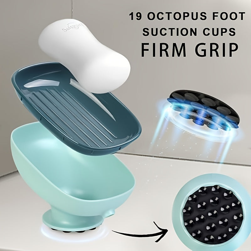 Plastic oval soap dish with octopus suction, non-slip base. Can be used in bathroom or kitchen for holding soap.Luxury lightweight design.