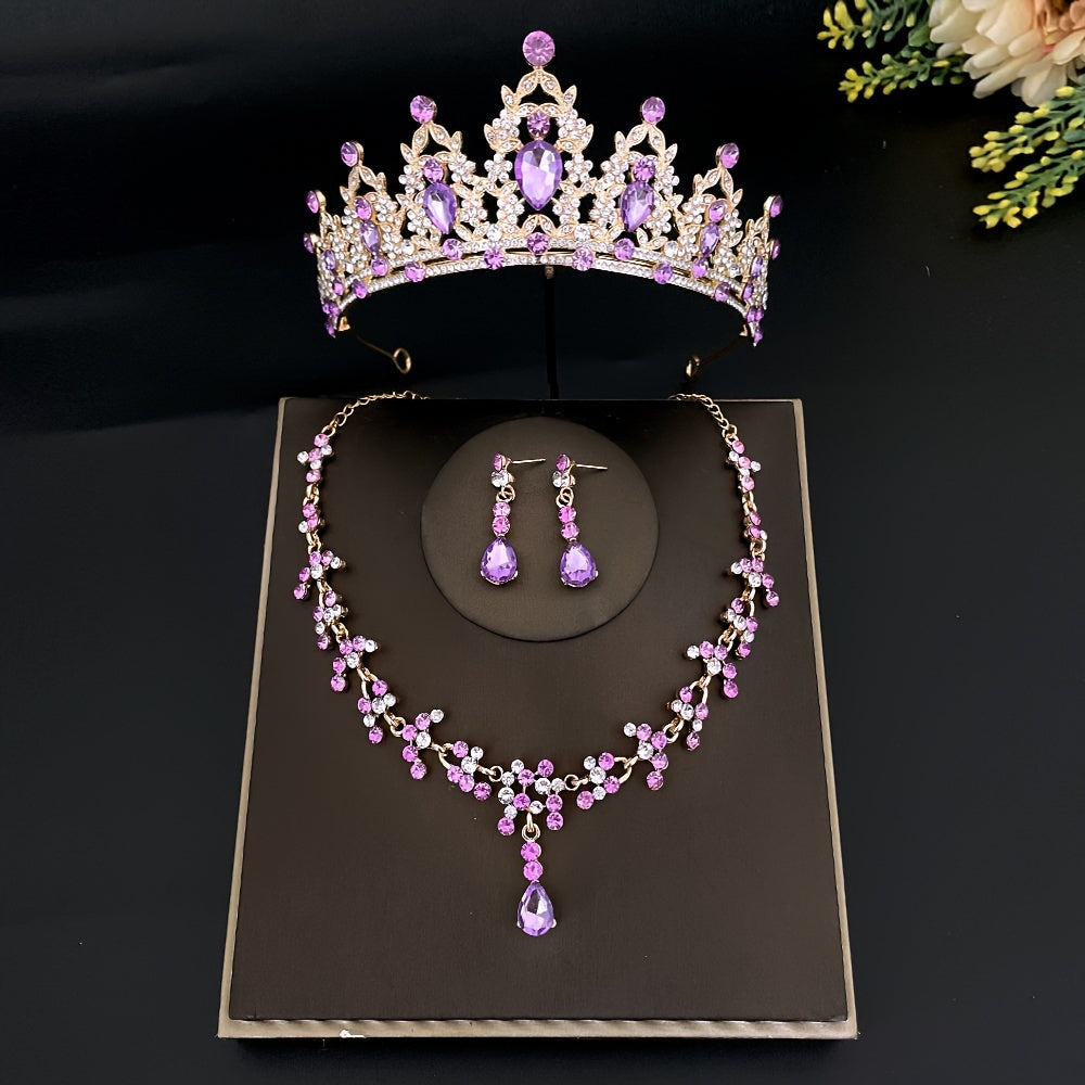 Crystal bridal tiara and crown earrings, necklace jewelry set for women and princess girls. Jeweled wedding tiara for brides, perfect for birthdays and cosplay. This set includes three pieces.