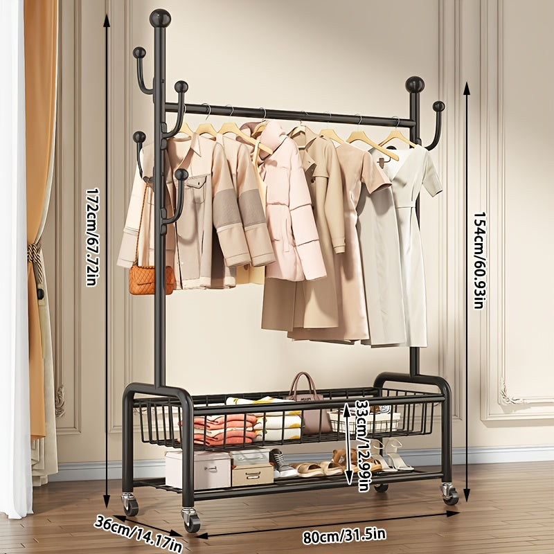 Multifunctional Rolling Coat Rack with 6 Hooks & Shelf - Strong Metal Construction, Perfect for Hanging Clothes, Jackets, Skirts, Coats, Scarves - Sleek Black Finish