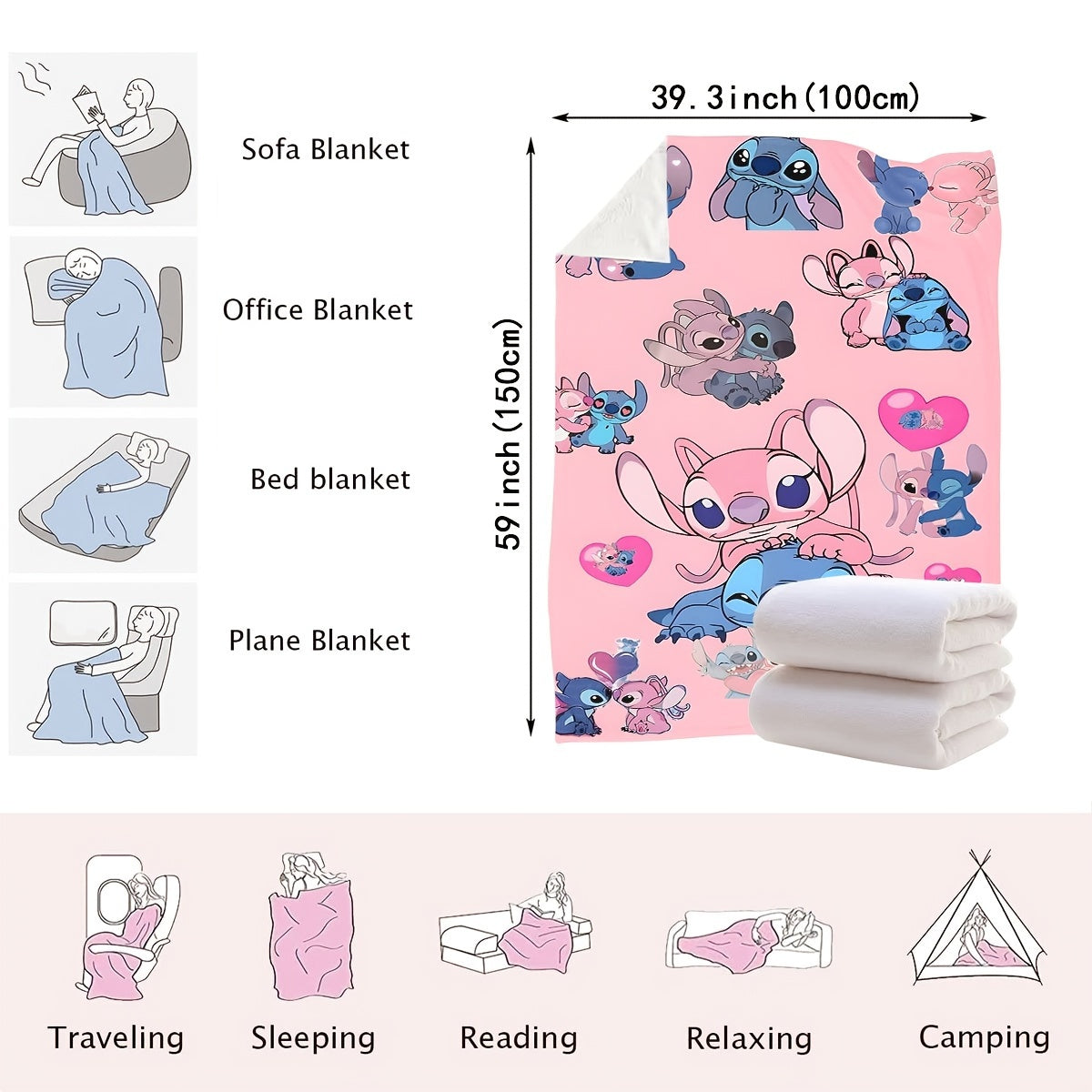 Pink Heart Stitch Cartoon Blanket - Multi-functional Knit Polyester Throw suitable for Every Season, Ideal for Bedroom, Couch, Car, and Journey