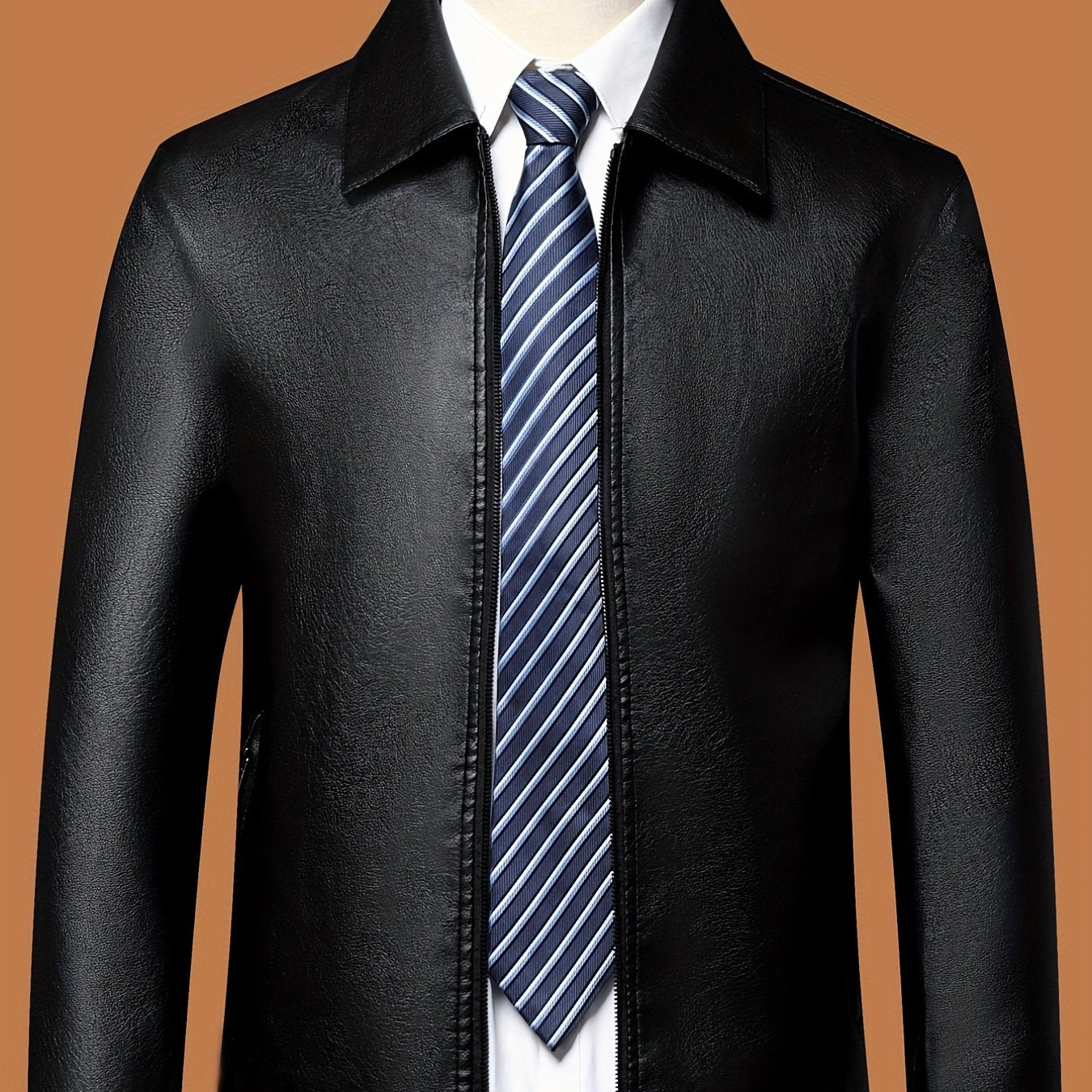 Men's solid color casual jacket with long sleeves, zipper closure, polyester lining, loose fit, lapel collar, and woven fabric.