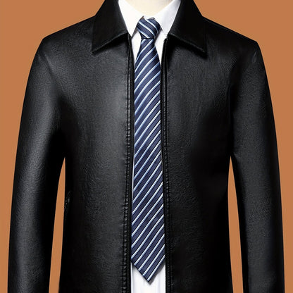 Men's solid color casual jacket with long sleeves, zipper closure, polyester lining, loose fit, lapel collar, and woven fabric.