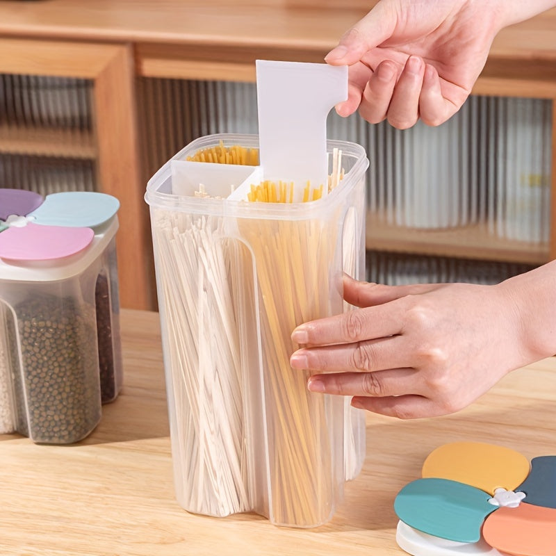 Single food storage container with 4 grids and lids, designed for storing cereal, rice, pasta, flour, and sugar. This clear airtight square container is moisture-proof and transparent, perfect for keeping food fresh. Can be used for food jars and