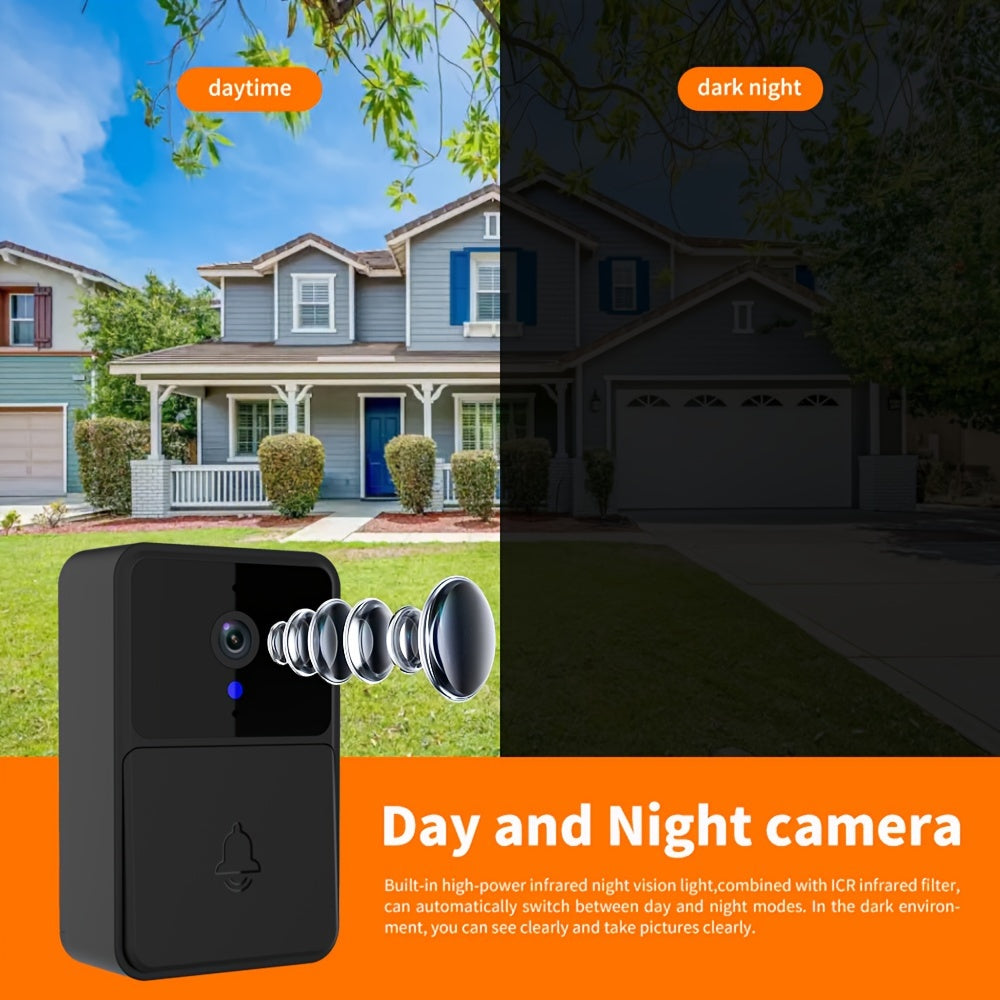 Smart WiFi doorbell with HD camera, two-way audio, night vision, motion detection, and black finish.