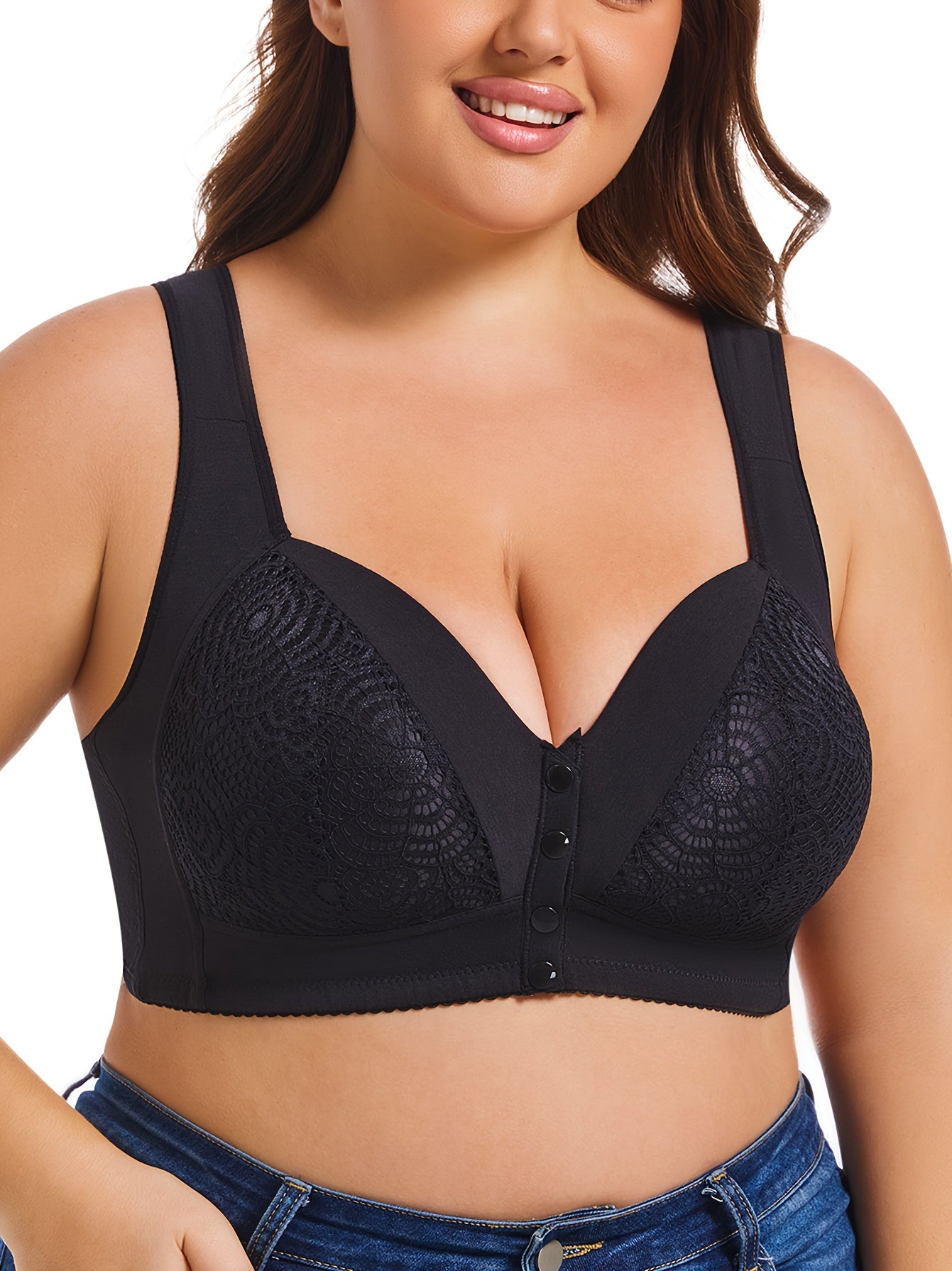 Wireless plus size lace bralette with front closure for women, full coverage, comfort fit, and non-removable pads