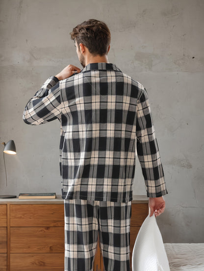 Men's plaid pajama set with long sleeves, lapel collar, slight stretch, and casual style. Made of 95% polyester and 5% elastane. Suitable for spring/fall.