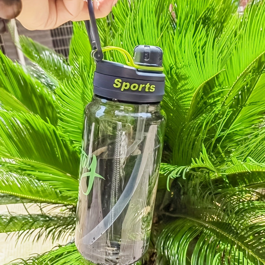 Bir taqsimlangan, katta sig'imli sport suv shishasi, qalam bilan "STAY HYDRATED" yorlig'i bilan, ochiq rangda, ochiq havoda faoliyatlar va fitnes uchun mukammal. Mustahkam, ko'chma, BPA-free plastikdan tayyorlangan.