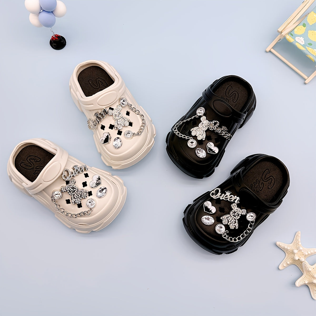 Kids EVA Clogs with Heart & Bear Charms, Casual Slip-On Sandals for Boys and Girls