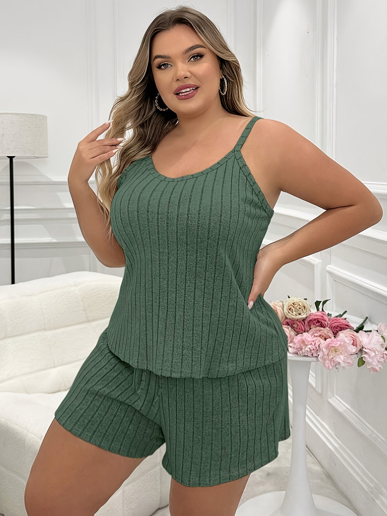 Stylish Ribbed Tank Top and Shorts Set for Women, 100% Polyester, Machine Washable, European/American Style, Casual and Comfortable Loungewear.