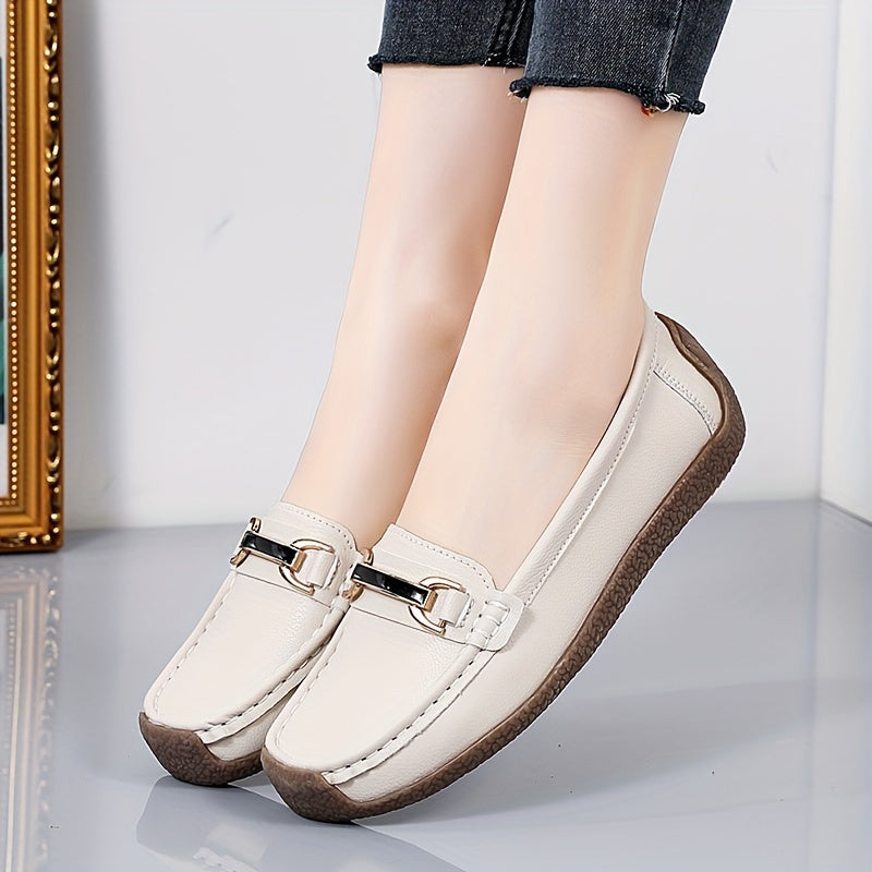 Women's metal decor loafers, casual slip-on flat shoes with lightweight faux leather material.