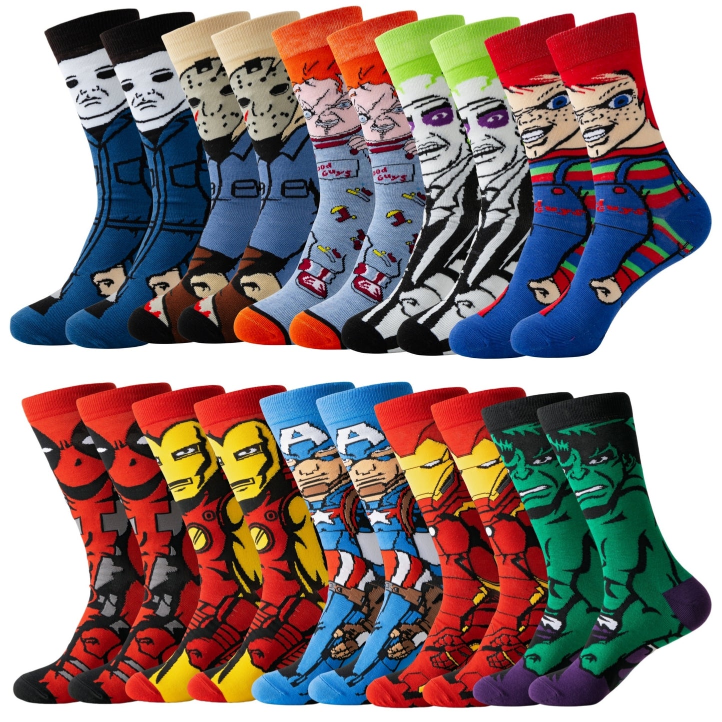 5/10/20 pairs of men's cartoon crew socks made of 97.8% Polyester and 2.2% Spandex. Breathable knit fabric with casual street style, suitable for all seasons outdoor wear. Hand washable.