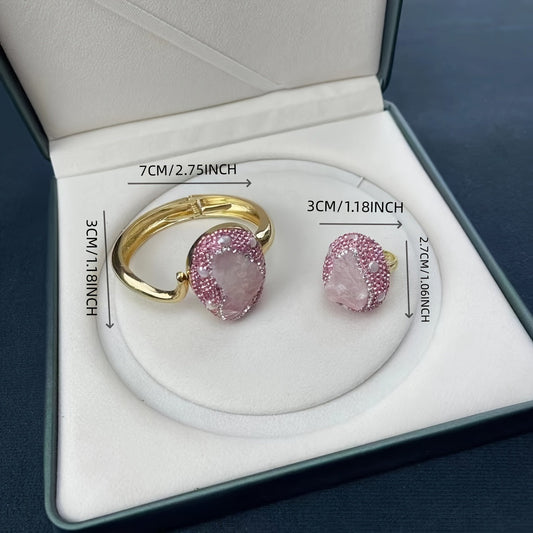 A set of handcrafted jewelry for women featuring bohemian style natural pink quartz bracelet and ring, plated with 14K gold and accented with rhinestones. Made from titanium alloy, this fashion jewelry is perfect for daily wear.