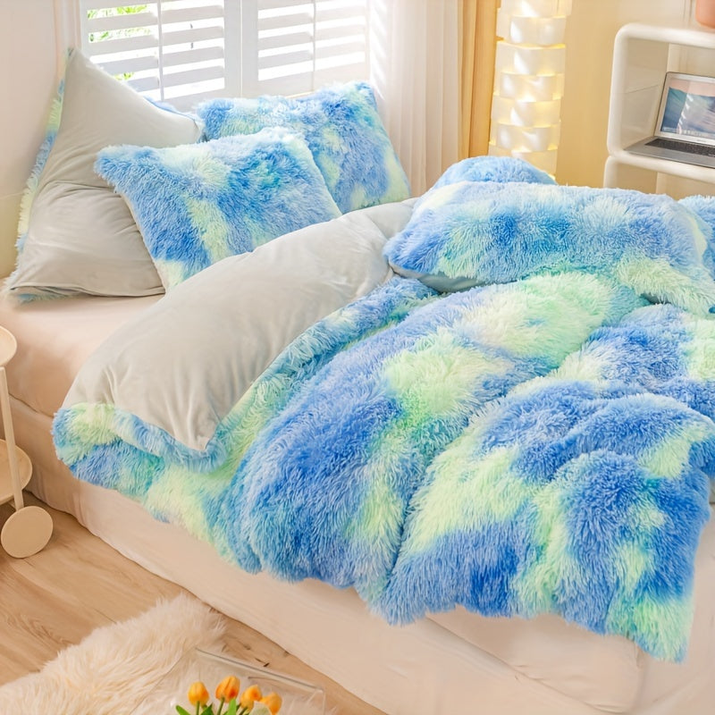 Y2K Tie Dye Plush Duvet Cover Set includes 3 pieces (1 Duvet Cover + 2 Pillowcases), providing soft and warm bedding.