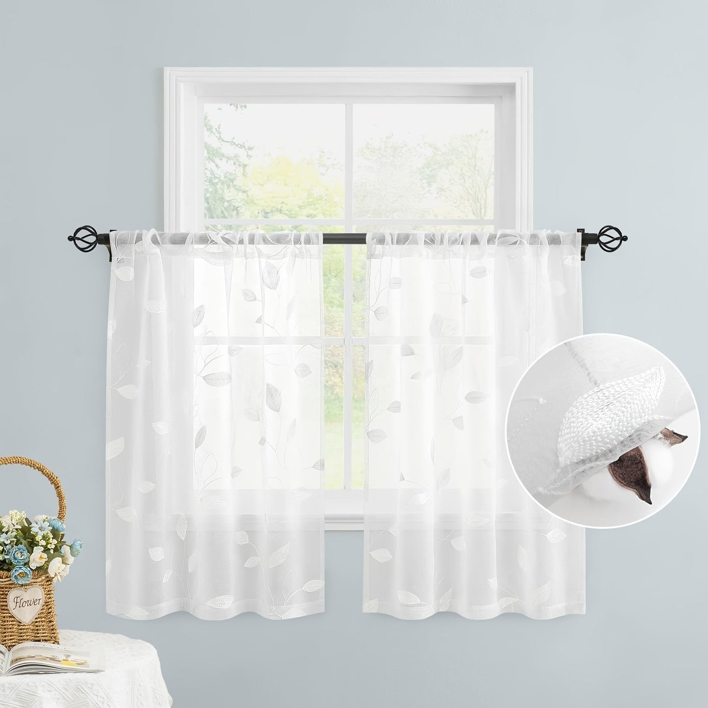 Two pieces of garden-style sheer curtains with an embroidered leaf pattern, featuring a rod pocket design. Made of polyester, these drapes are perfect for bedrooms, living rooms, and kitchens. They are machine washable and suitable for all seasons